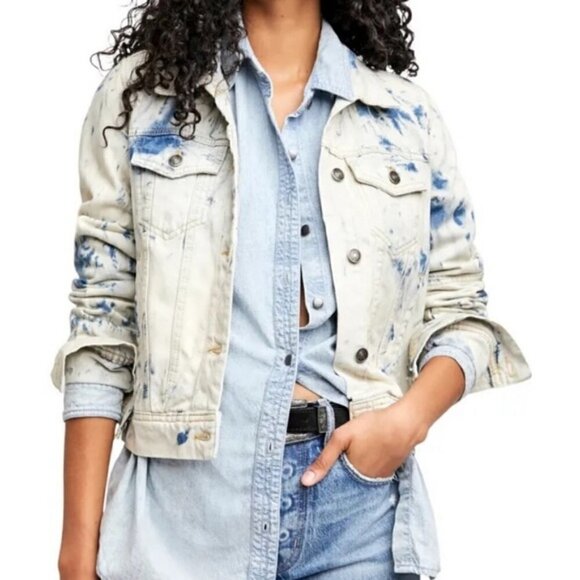 Free People Rumors Tie Dye Relaxed Fit Off White Denim Jacket Size XS - Picture 1 of 14